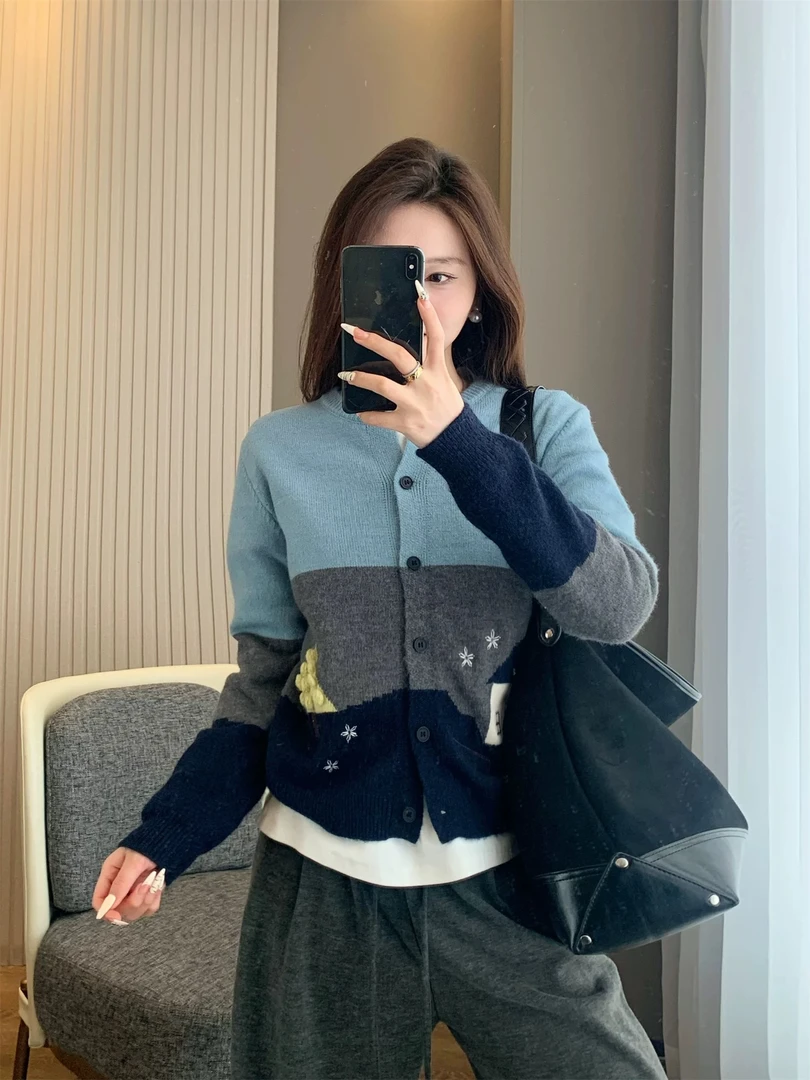 设计感提花卡通拼色开衫外套秋冬2024圆领毛衣女