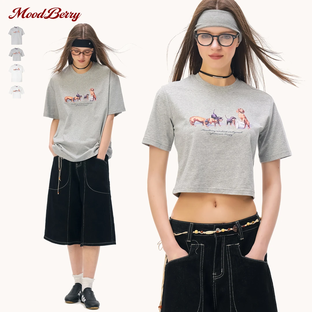 MoodBerry美式复古腊肠狗短款正肩露脐短袖T恤女夏季宽松休闲上衣