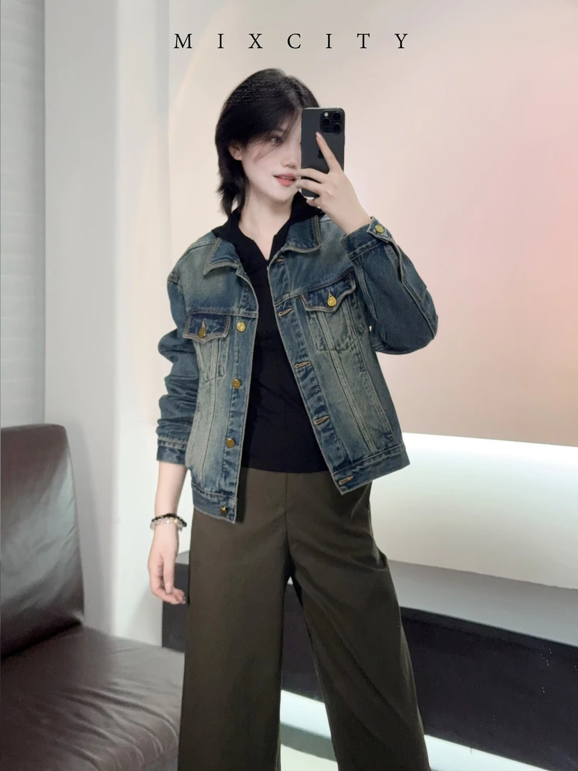 【亚楠本楠】高光牛仔◆刘亦菲同款复古做旧小金扣牛仔外套7866