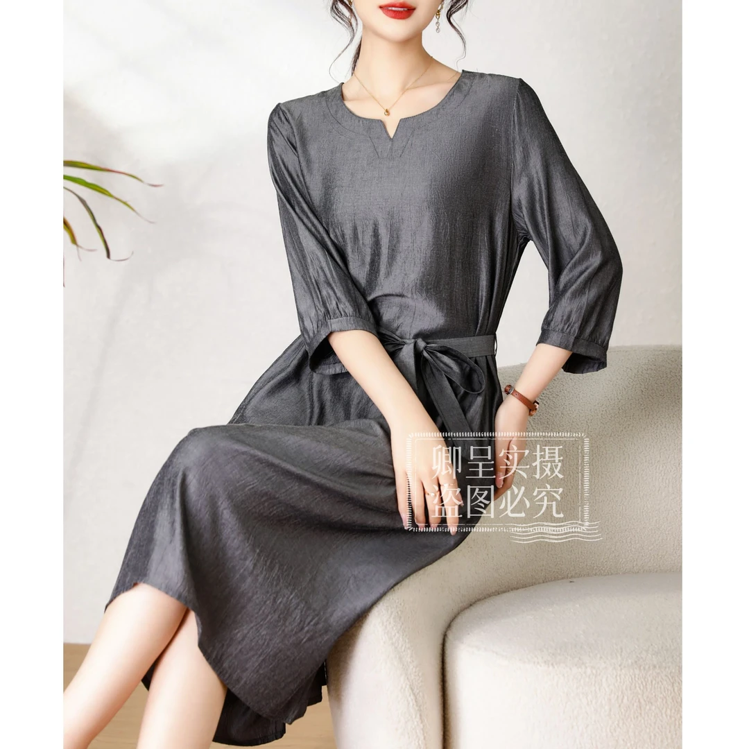 【原厂正品】Y1116灰色气质2025夏装新款纯色连衣裙时尚修身显瘦