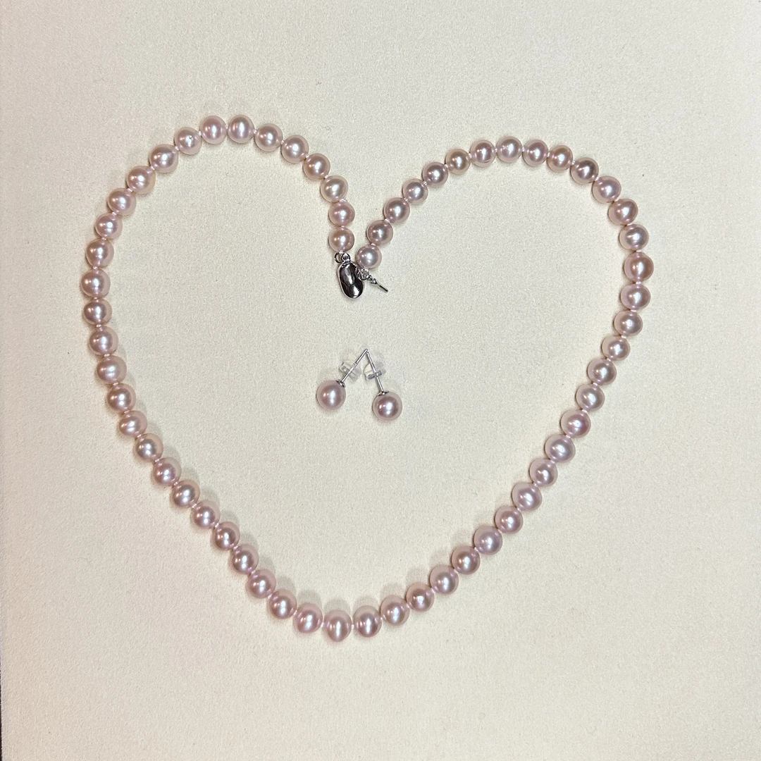 CJ2236 S925银淡水无核紫珠项链6-7mm＋耳钉7-8mm