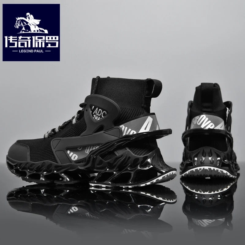 传奇保罗正版男鞋冬季飞织袜子口跑步鞋男百搭刀锋休闲运动鞋厚底