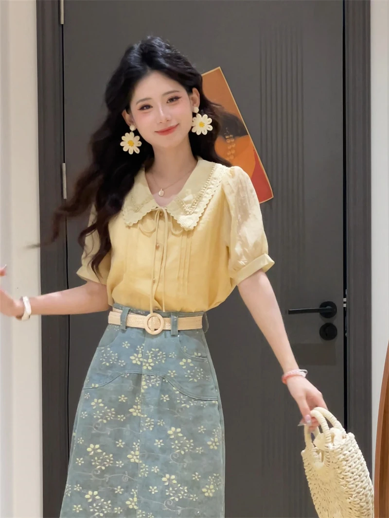 日系复古气质清新夏季新款娃娃领排扣上衣碎花高腰半裙两件套2025