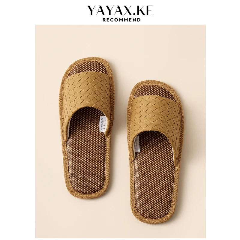 夏季亚麻拖鞋透气轻奢露趾PU皮面情侣居家时尚家用防滑吸汗拖鞋女