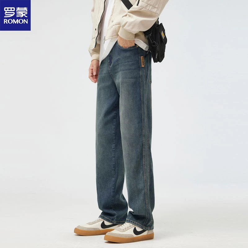 罗蒙宽松直筒百搭休闲弯刀牛仔裤男士2025秋冬款修身弹力长裤子