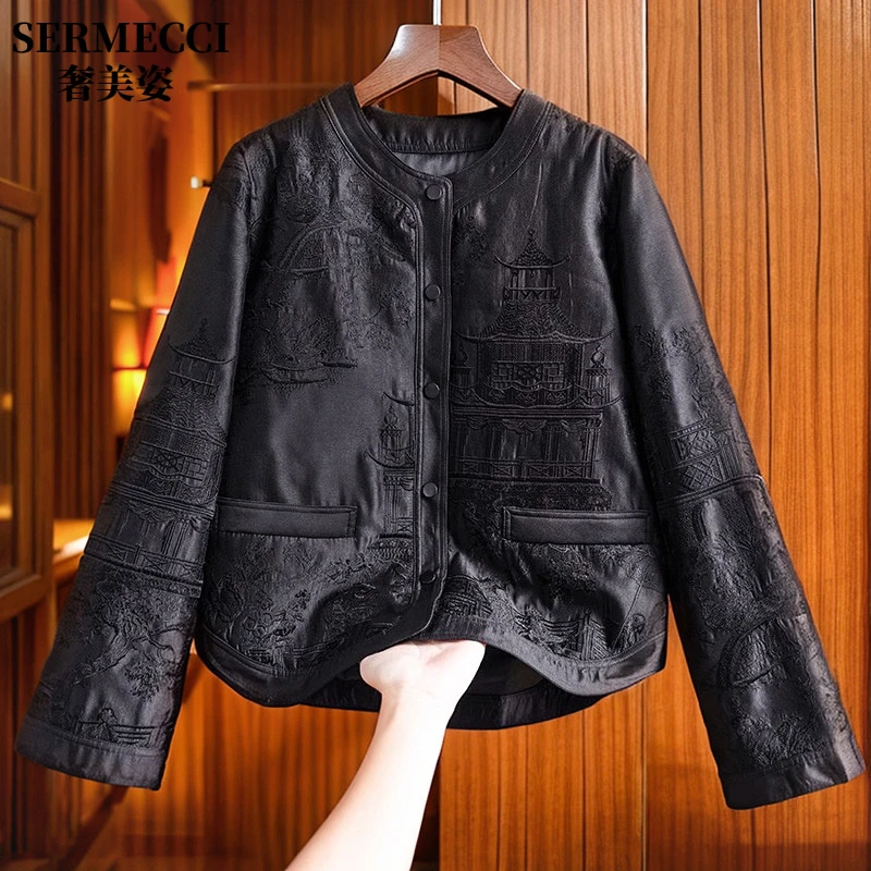 2025年秋宽松显瘦黑色新中式圆领夹克厚外套国潮风刺绣短外套女