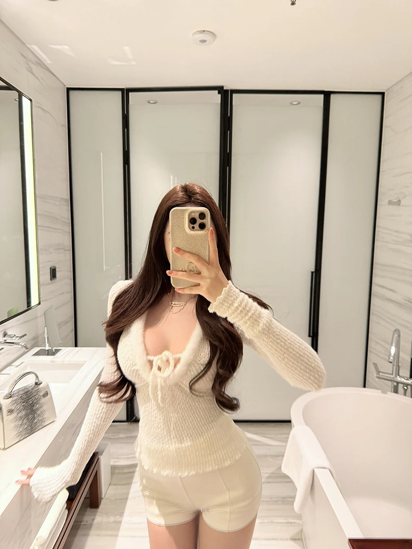 【白茶矢梦】2026春季新款高级感V领绑带长袖上衣配直筒短裤两件套