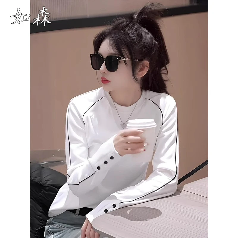 撞色拼接圆领t恤女2025新款春秋内搭打底衫修身显瘦洋气别致上衣