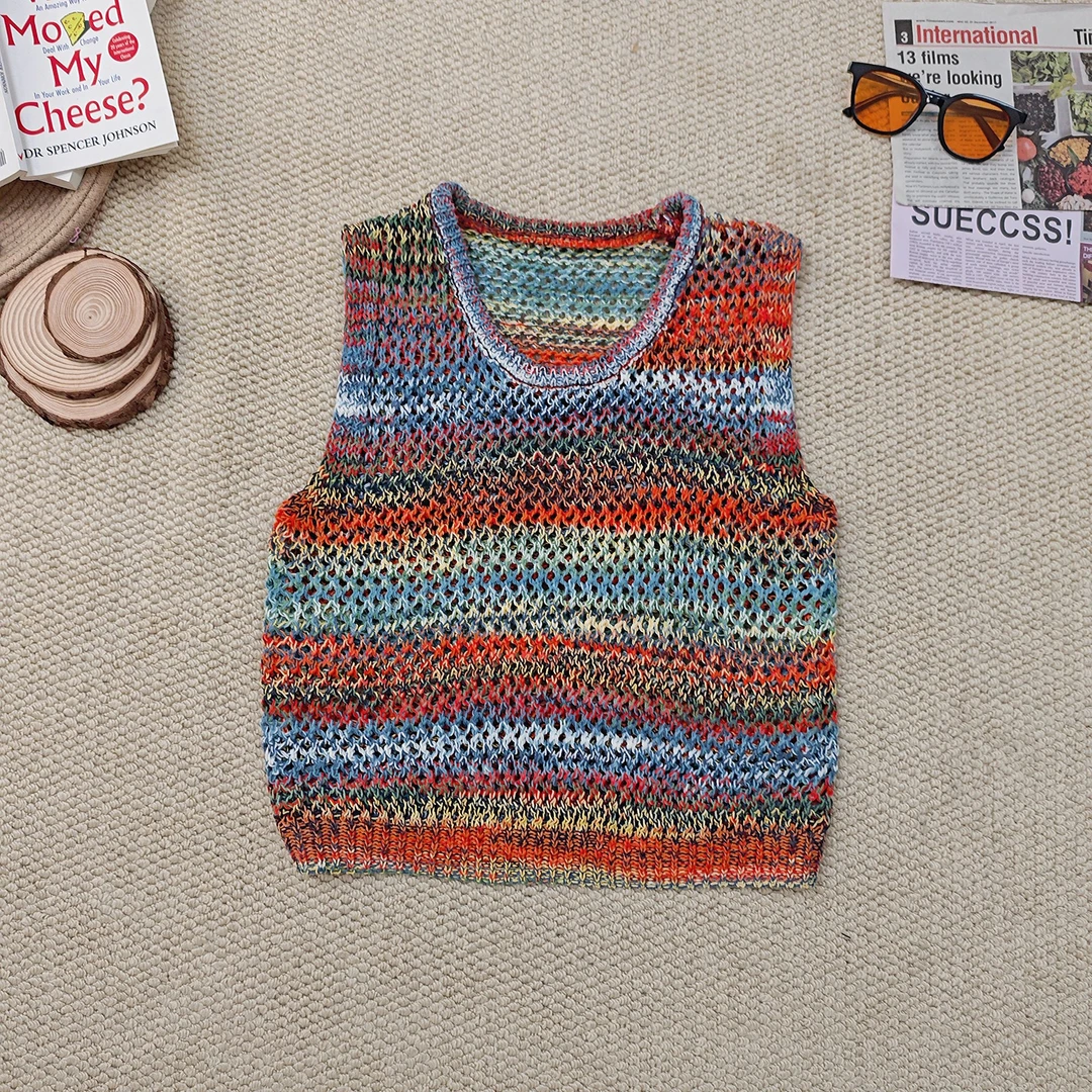 2025夏季新款条纹镂空防晒针织背心2239