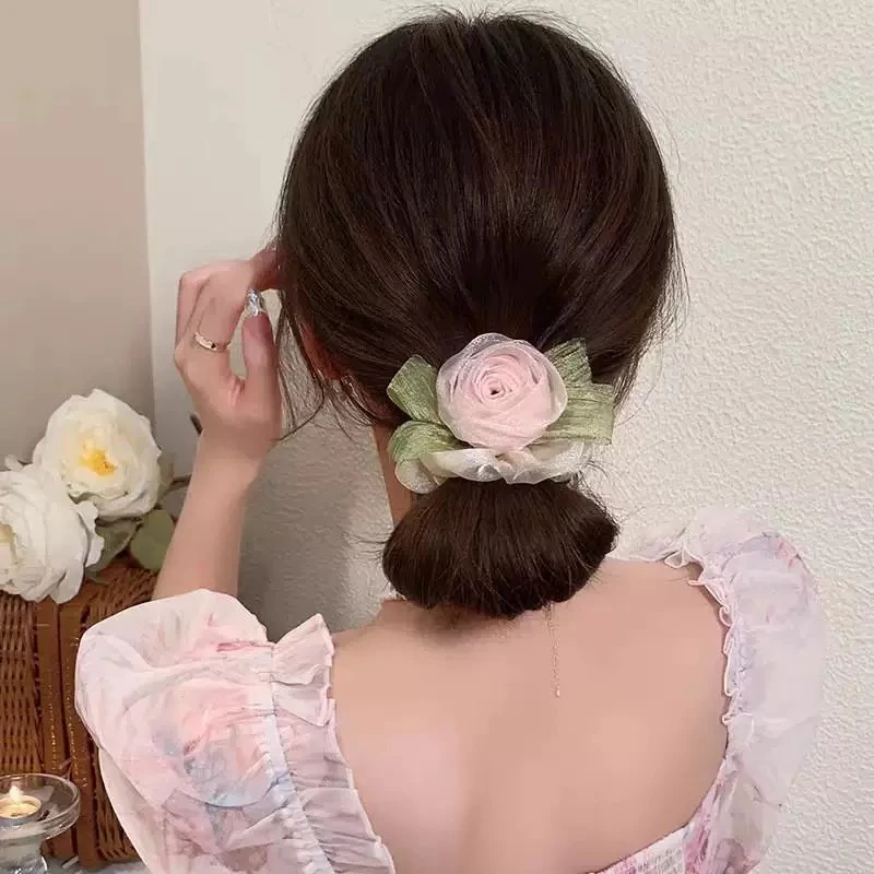 超仙网纱玫瑰大肠发圈女高级感皮筋女扎头发绳头饰新款头饰1397