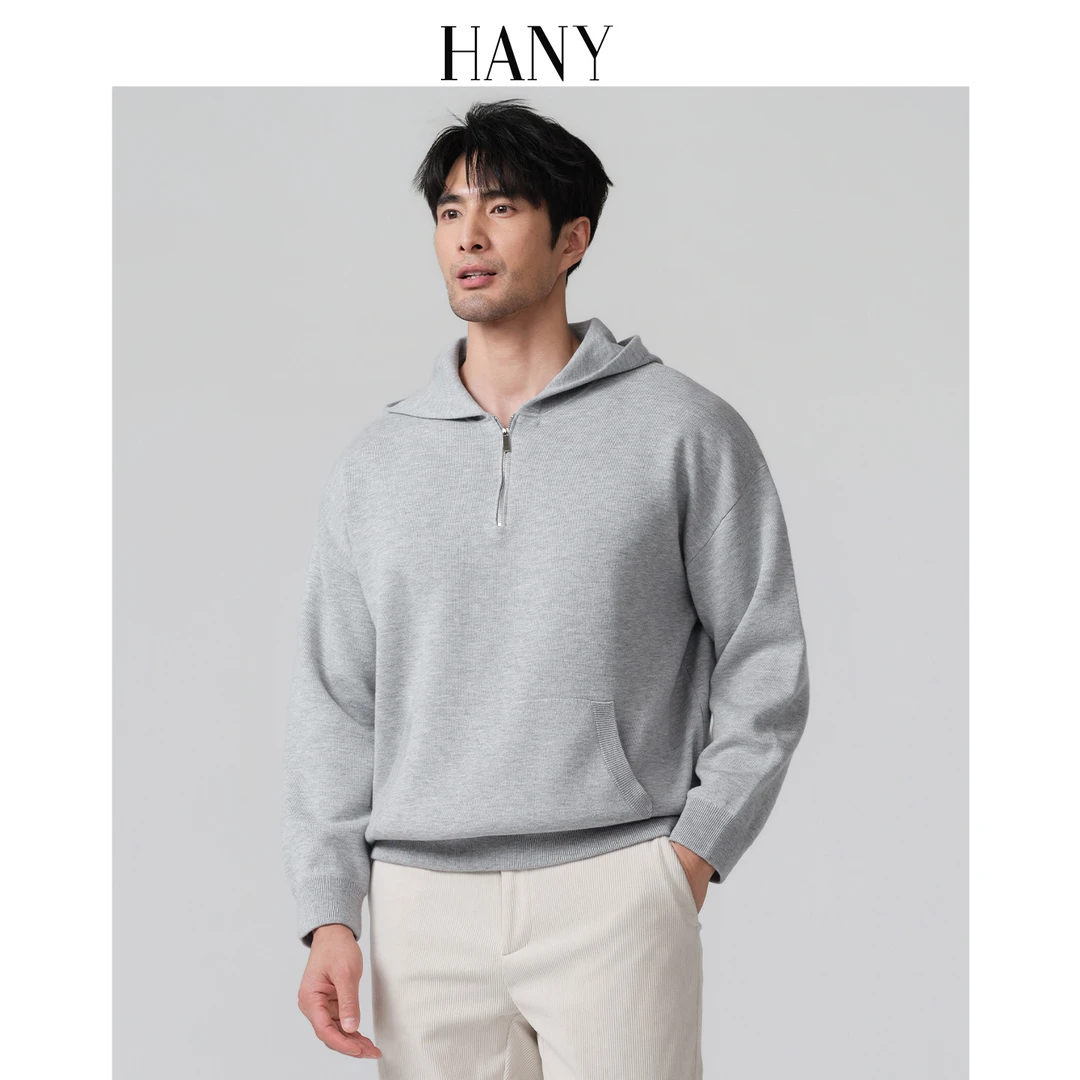 HANY[可机洗棉]男士灰色连帽卫衣2025新款保暖休闲针织衫上衣外套