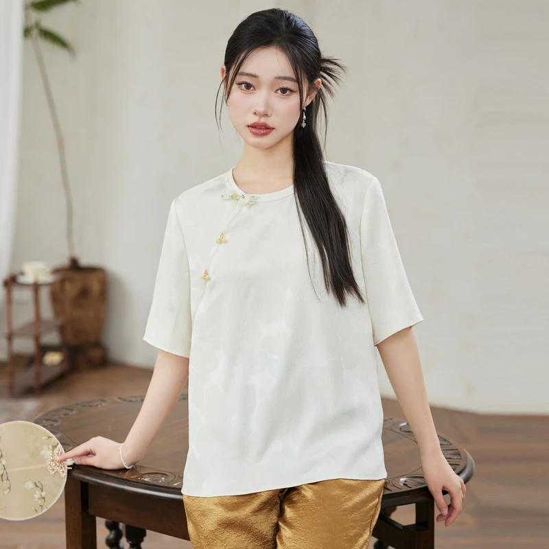 风笛2025夏季新款纯色圆领新中式气质宽松短袖上衣休闲舒适雪纺衫