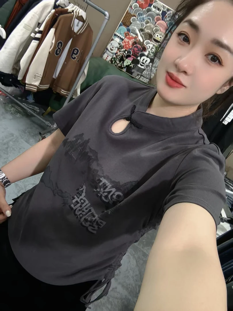 码镂空半高领短袖t恤女夏季复古中式盘扣短款抽绳上衣