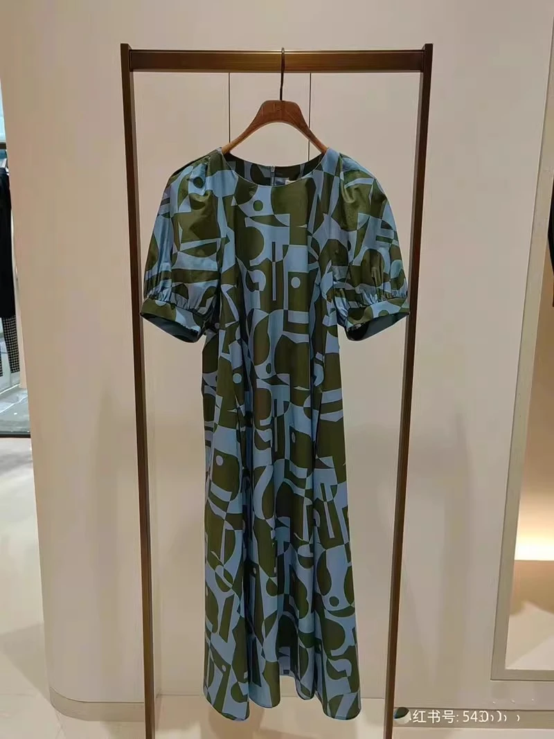 小禾同款早春新款抗皱全棉印花布中长连衣裙