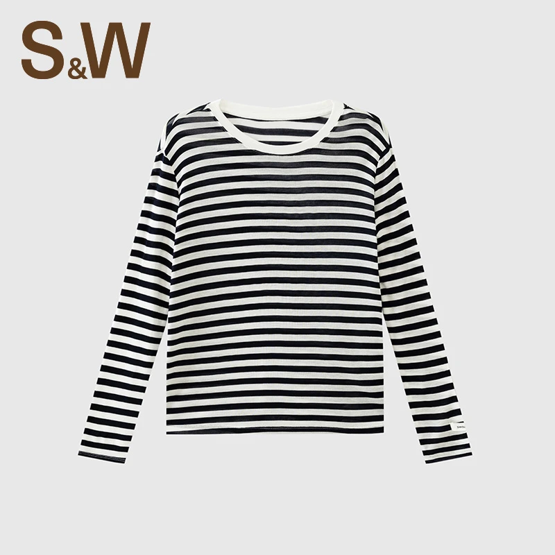 【矫矫专属】SW速惟山本风圆领宽松透气韩版条纹T恤休闲长袖 4440
