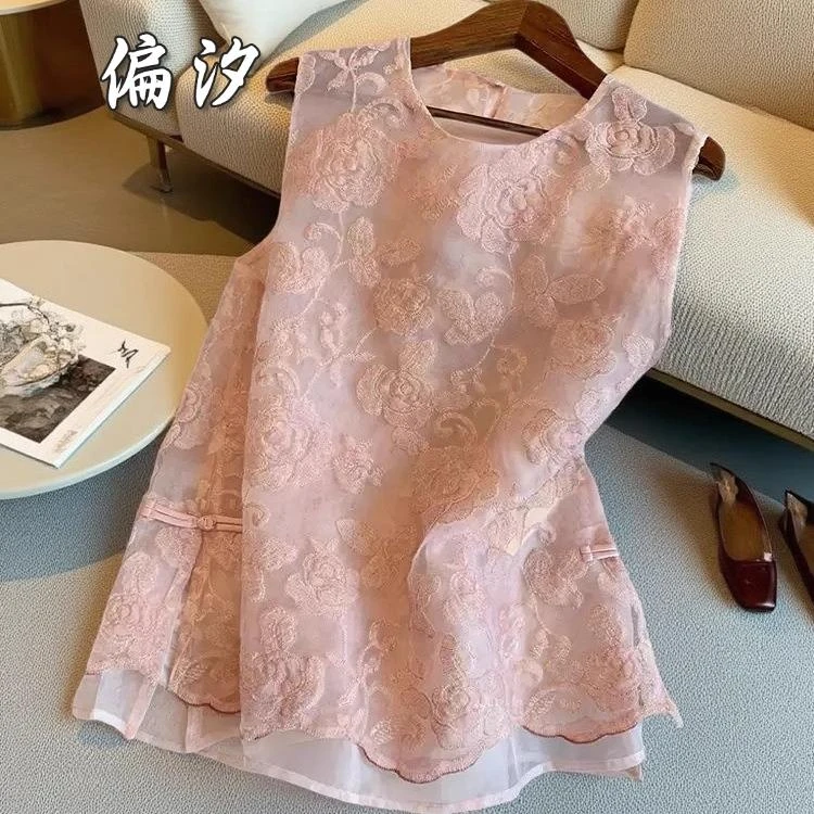 新中式提花刺绣网纱无袖上衣女夏季2025新款温柔国风剪标专柜背心