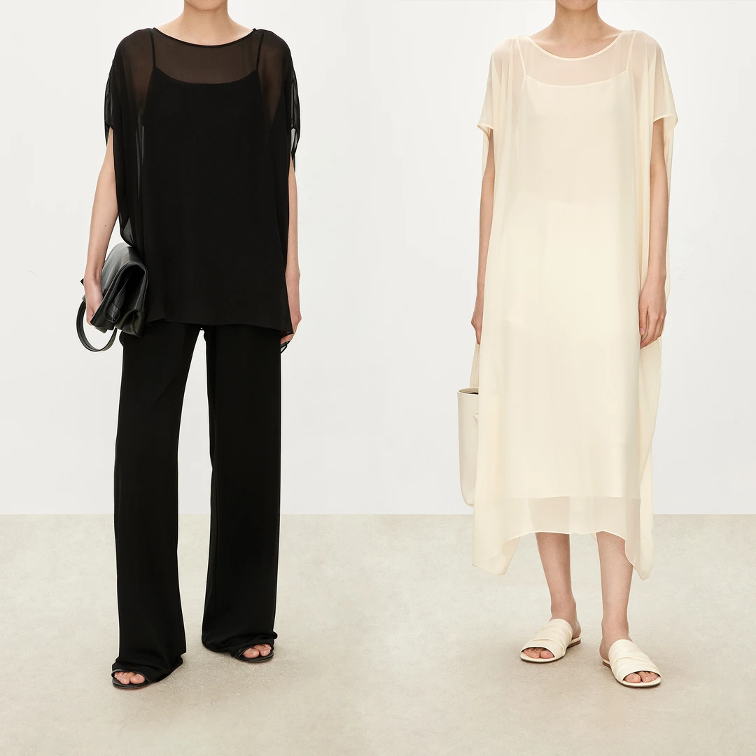 JOC专柜朦胧透感真丝欧根乔其 氛围美廓形上衣/连衣裙两件套