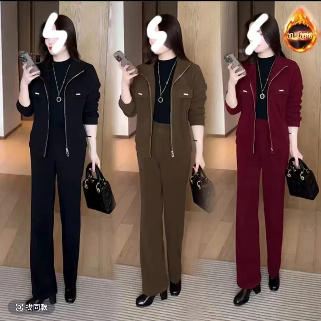 加绒加厚新款时尚运动休闲显瘦减龄2025秋冬两件套套装091