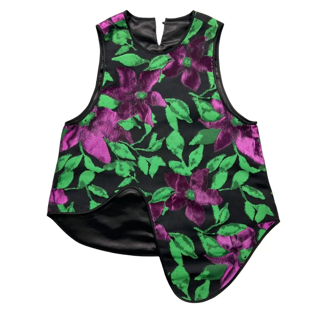 朱总服饰新中式彩花马甲背心女士2025春夏款不对称马夹上衣3C061