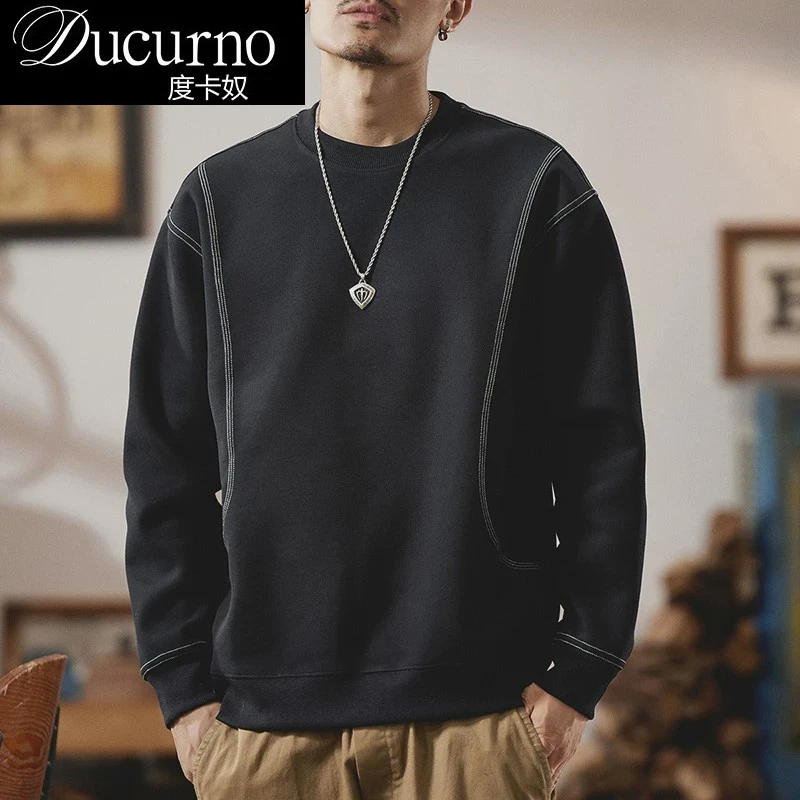 美式潮牌拼接圆领卫衣男士2025秋季宽松大码长袖痞帅慵懒风男装