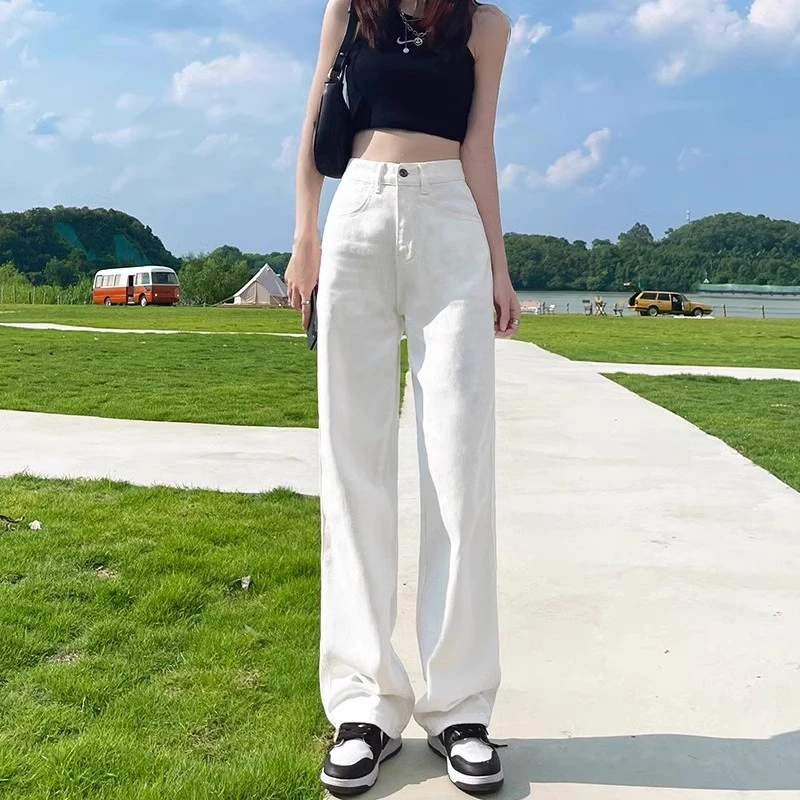 白色直筒牛仔裤女高腰宽松显瘦时尚气质百搭休闲垂感阔腿拖地裤女