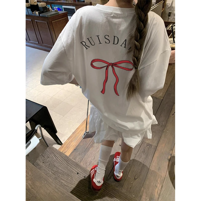 美式复古休闲蝴蝶结印花夏季短袖女T恤圆领休闲宽松潮流百搭上衣