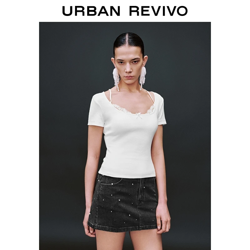 UR2025夏季新款女装休闲芭蕾风拼接蕾丝短袖T恤UWG450137