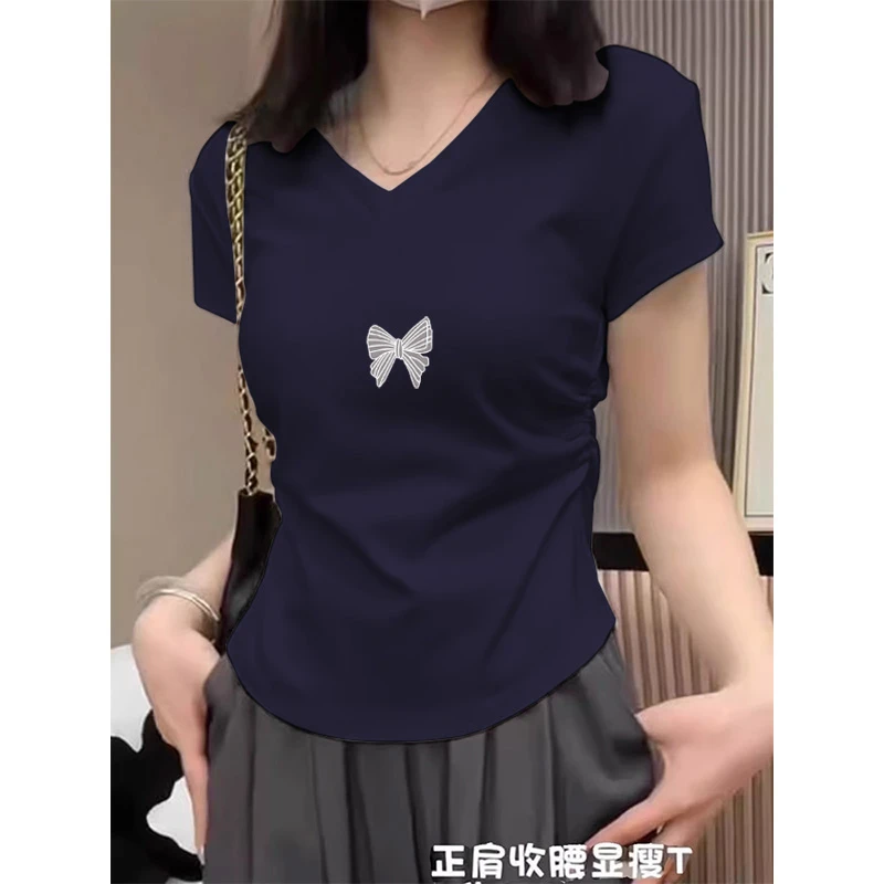 2025新款正肩V领短袖t恤女时尚洋气褶皱收腰修身短款上衣夏季薄款