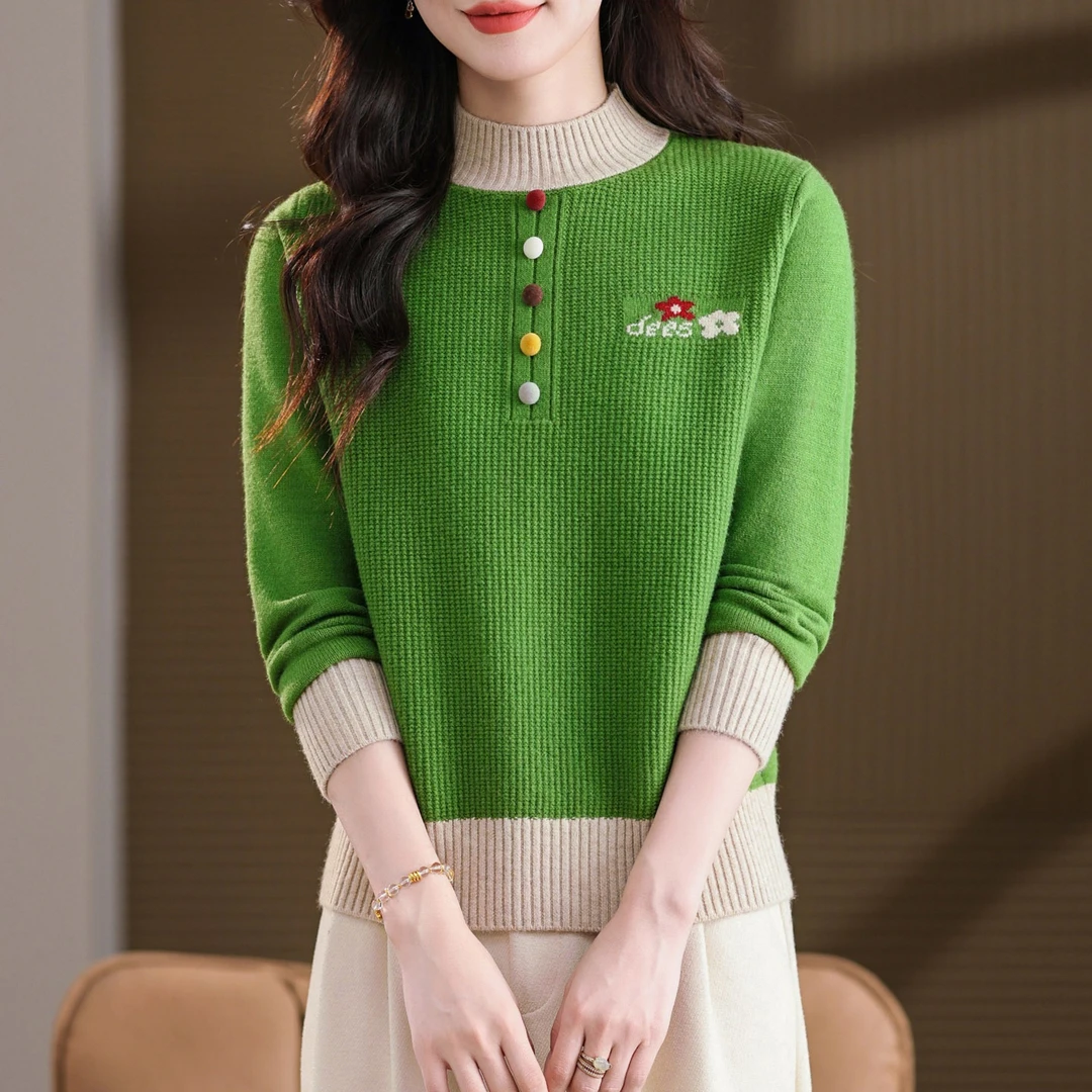 半高领彩扣拼色针织衫上衣女2025秋冬新款宽松显瘦气质打底衫毛衣