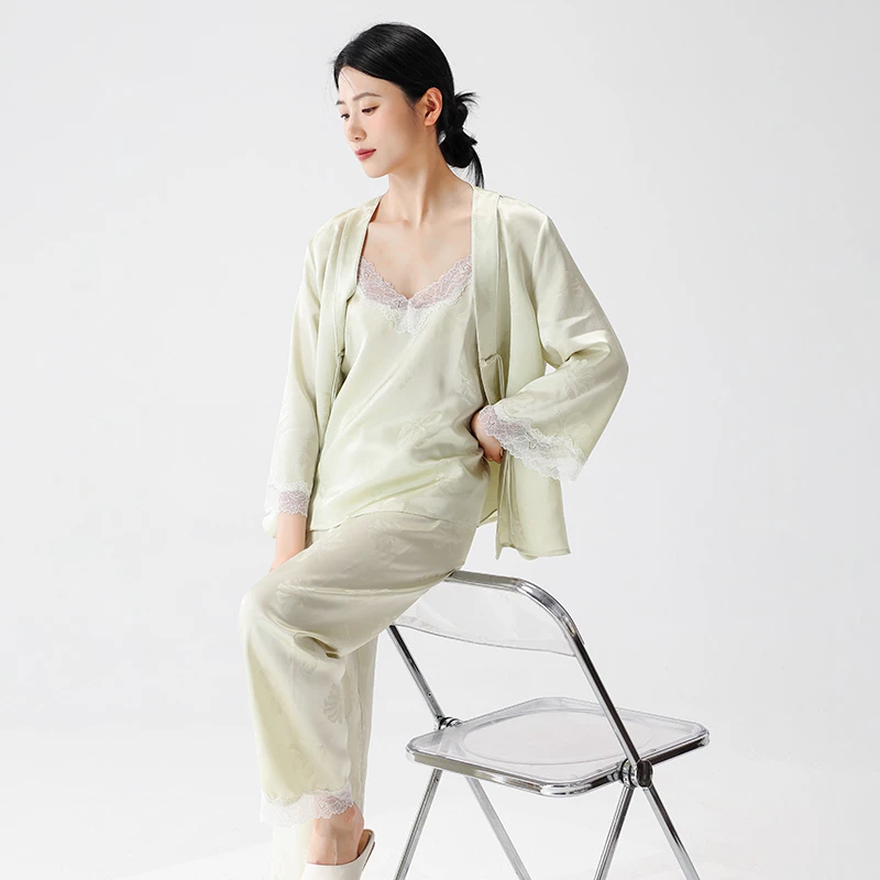 枕水人家韩版真丝睡衣睡裤三件套女桑蚕丝家居服高档宽松春秋套装