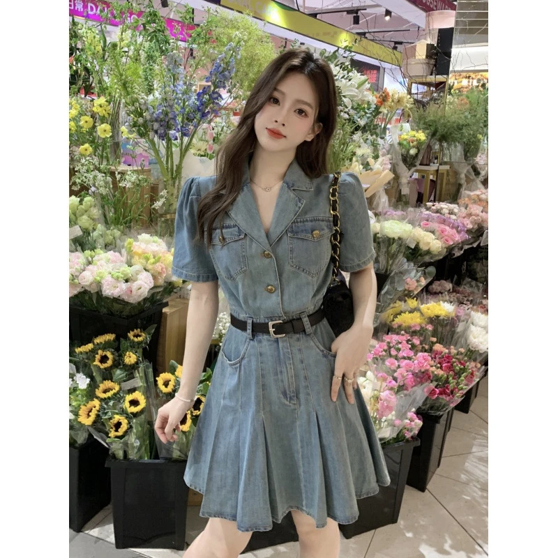 复古牛仔连衣裙女夏新款设计感小众高腰显瘦西装裙字百褶裙