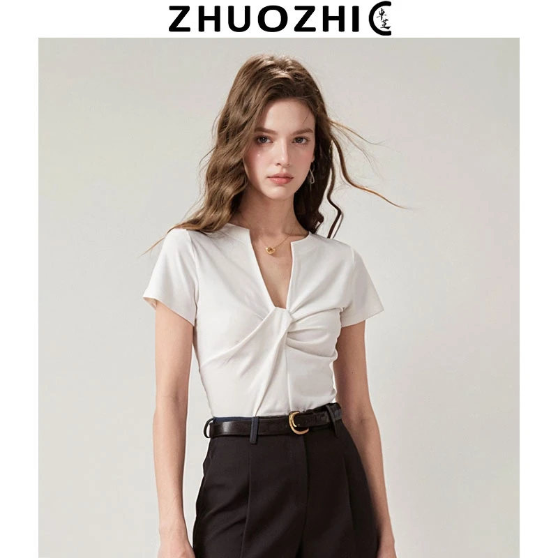 [卓芝]法式不规则扭结半开领短袖T恤女2025夏季新款显瘦百搭上衣