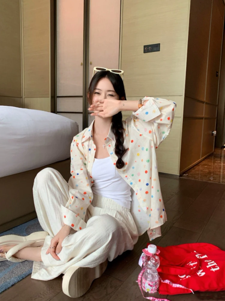 复古彩色波点长袖防晒衬衫女2025新款甜美减龄百搭轻薄慵懒风衬衣