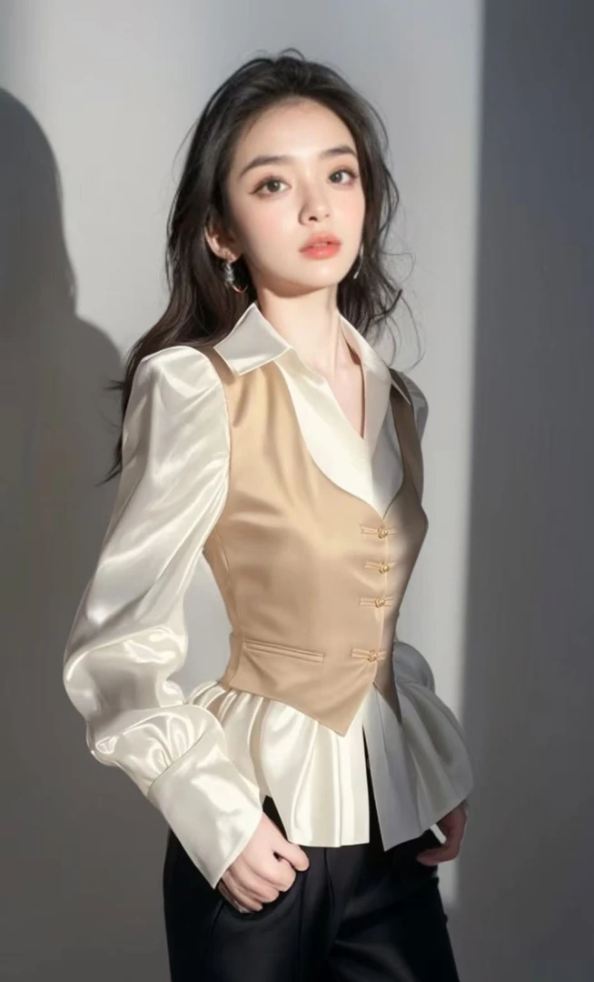 SS833新中式国风内搭打底衫女春高级感轻奢收腰卡其色假两件衬衫