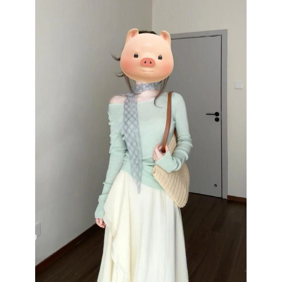 弹力修身毛针织衫长袖一字领显瘦T恤斜切领长袖上衣+半身裙