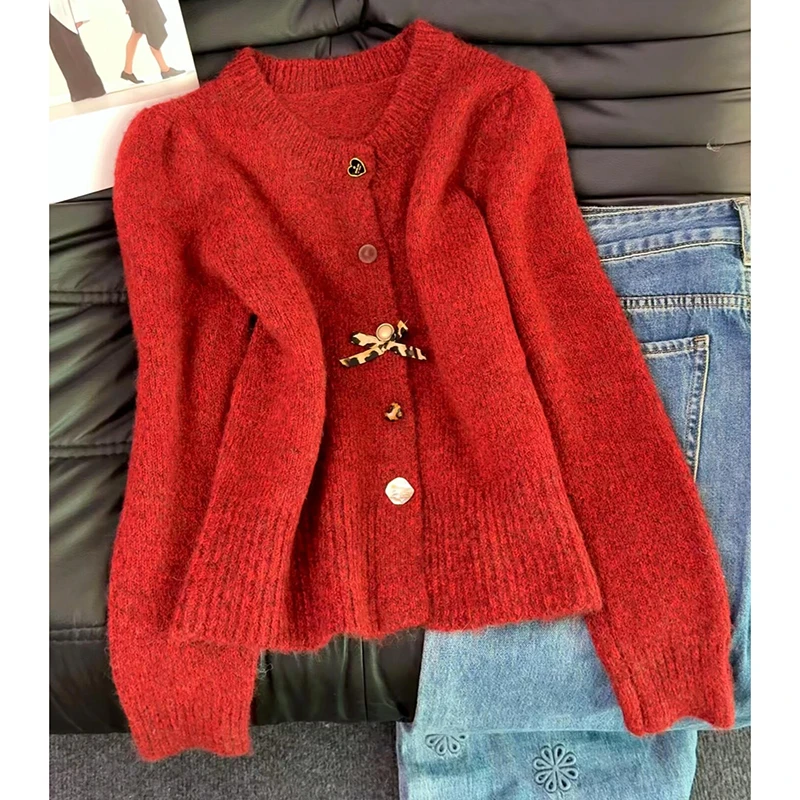 小香风氛围感减龄精致纽扣红色毛衣外套秋冬名媛风气质针织开衫潮