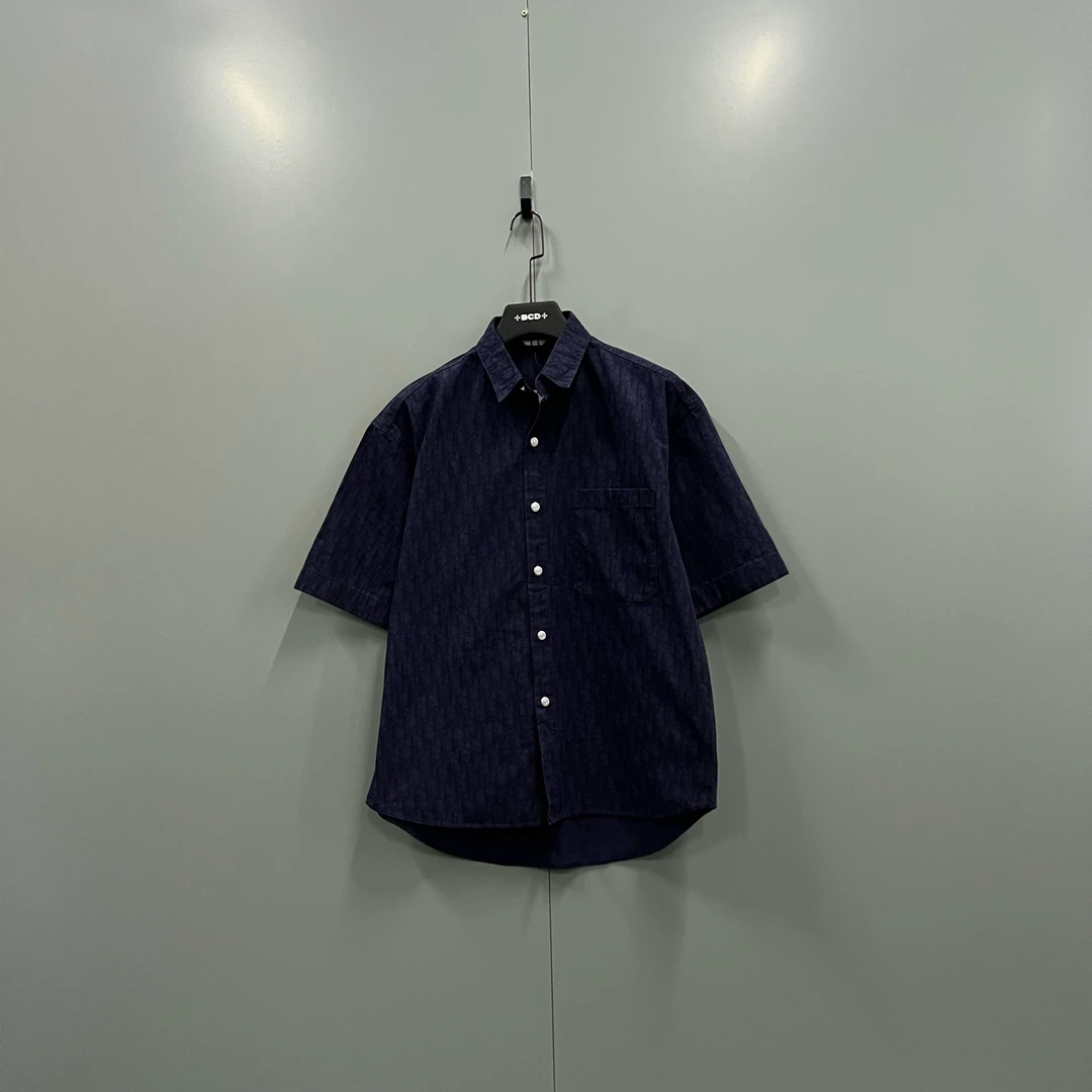 99新 DIOR/迪奥 h812 012987  海军蓝老花满印短袖衬衫 39码
