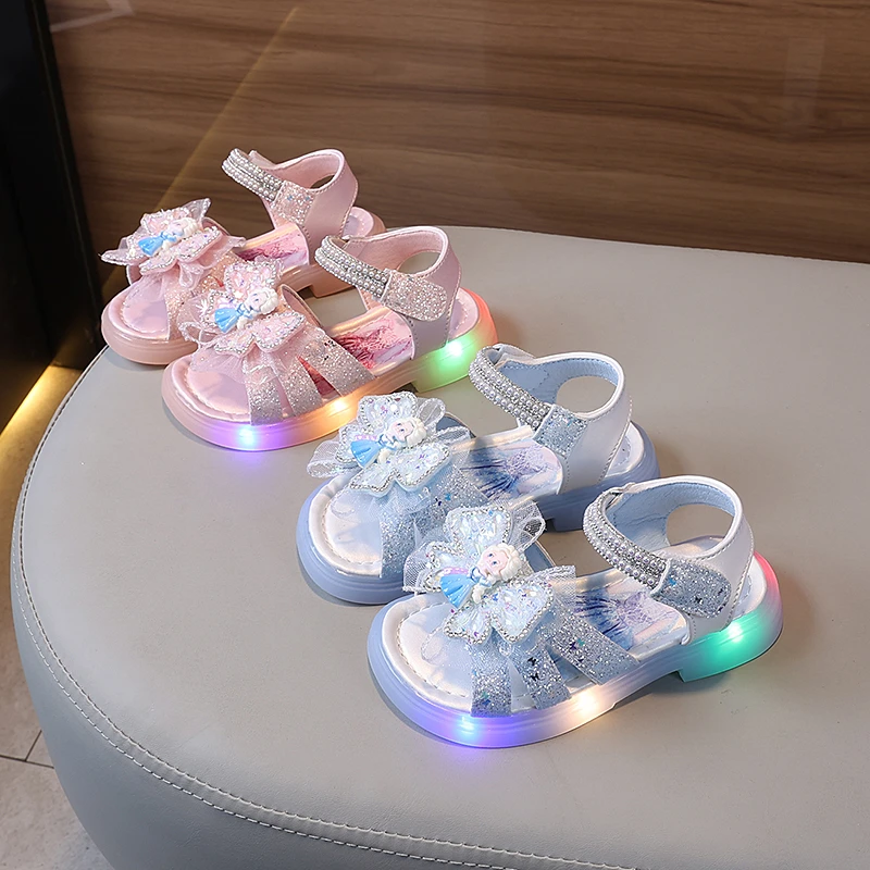 女童凉鞋闪亮爱莎公主鞋2025夏季新款儿童水钻水晶凉鞋沙滩鞋软底