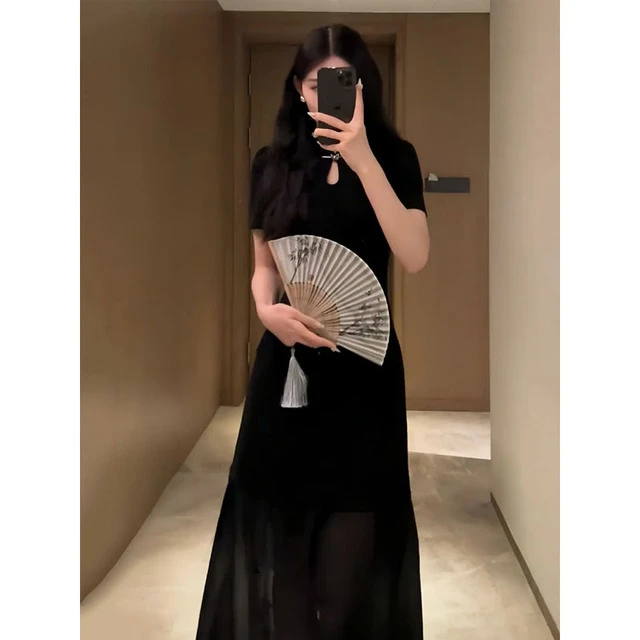 新中式国风旗袍女2025夏季新款复古高级感黑色性感镂空显瘦连衣裙