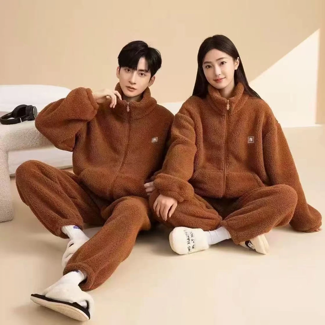 JY001男女同款珊瑚绒睡衣冬季加厚可外穿修身保暖睡衣外套+长裤