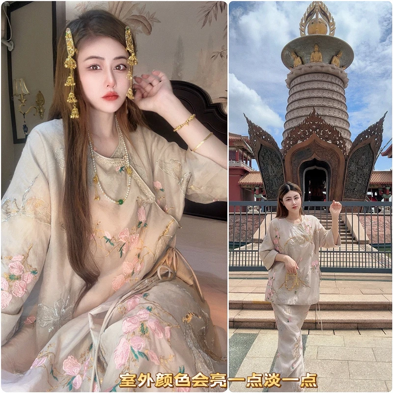 【陌上秋至】63105刺绣蝴蝶戏桃花斜襟国风上衣+松紧腰短裤两件套