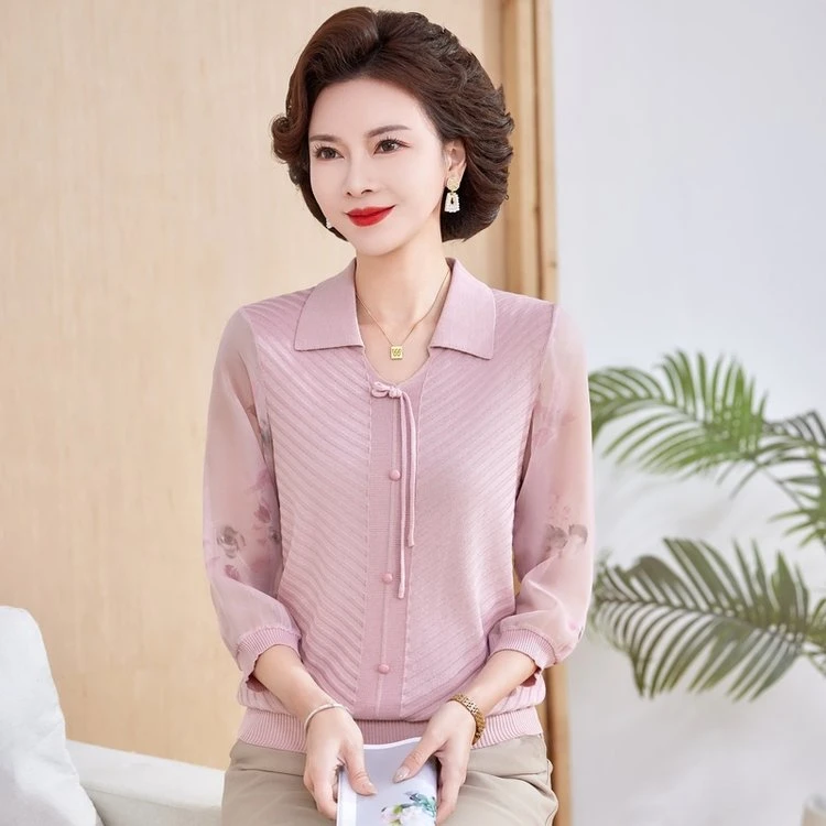 妈妈装2025春夏新款时尚洋气翻领小衫中老年女装薄款上衣