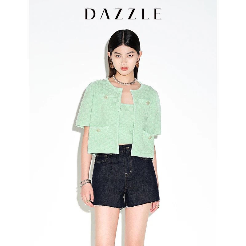 专选DAZZLE地素浅绿圆领短袖针织提花开衫外套2E2E5041O