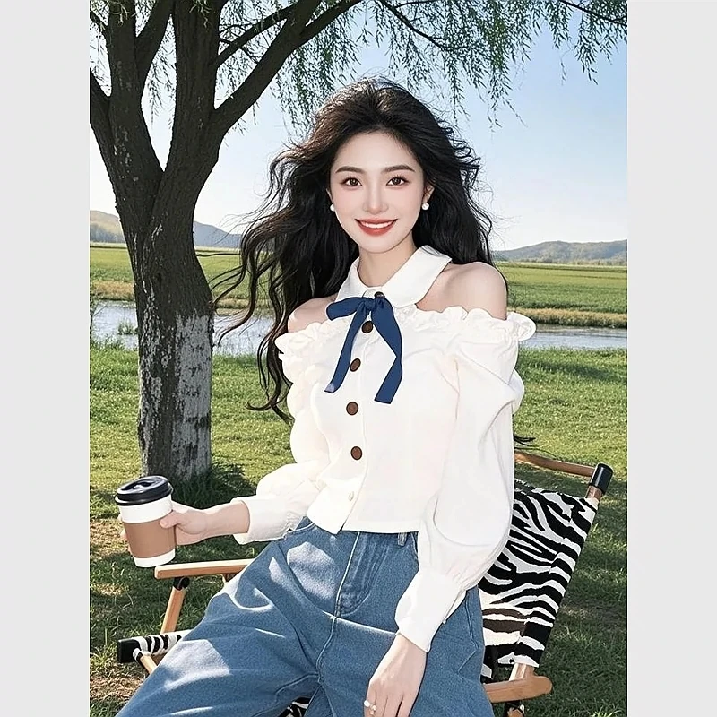 秋季新款爆款小衫超好看独特漂亮设计感甜美小众白色露肩长袖衬衫