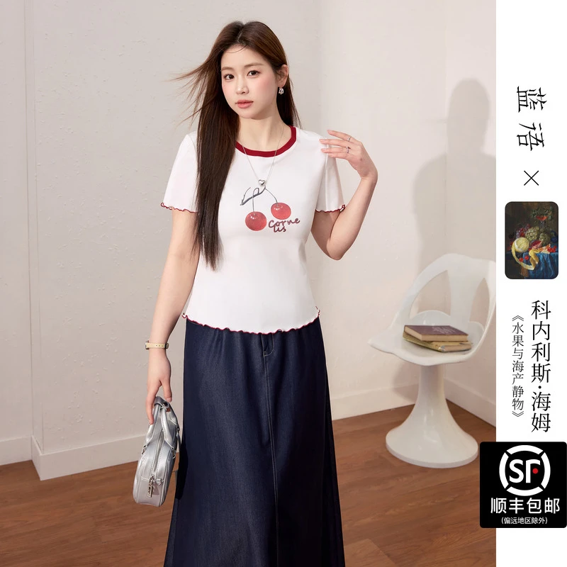 【海姆联名印花】蓝语大码女装甜美撞色短袖T恤夏新款莱赛尔上衣