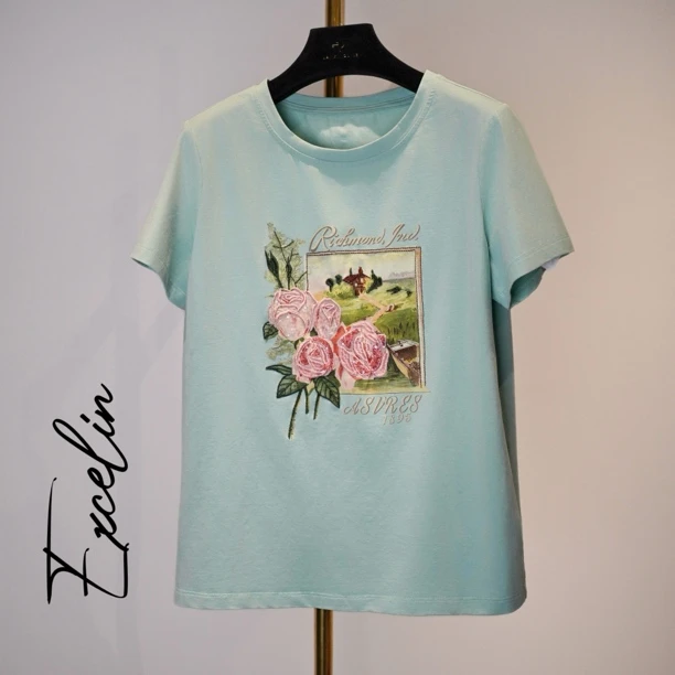 【浅绿蔷薇刺绣短袖圆领】夏季显瘦减龄重工舒适短袖T恤女式上衣