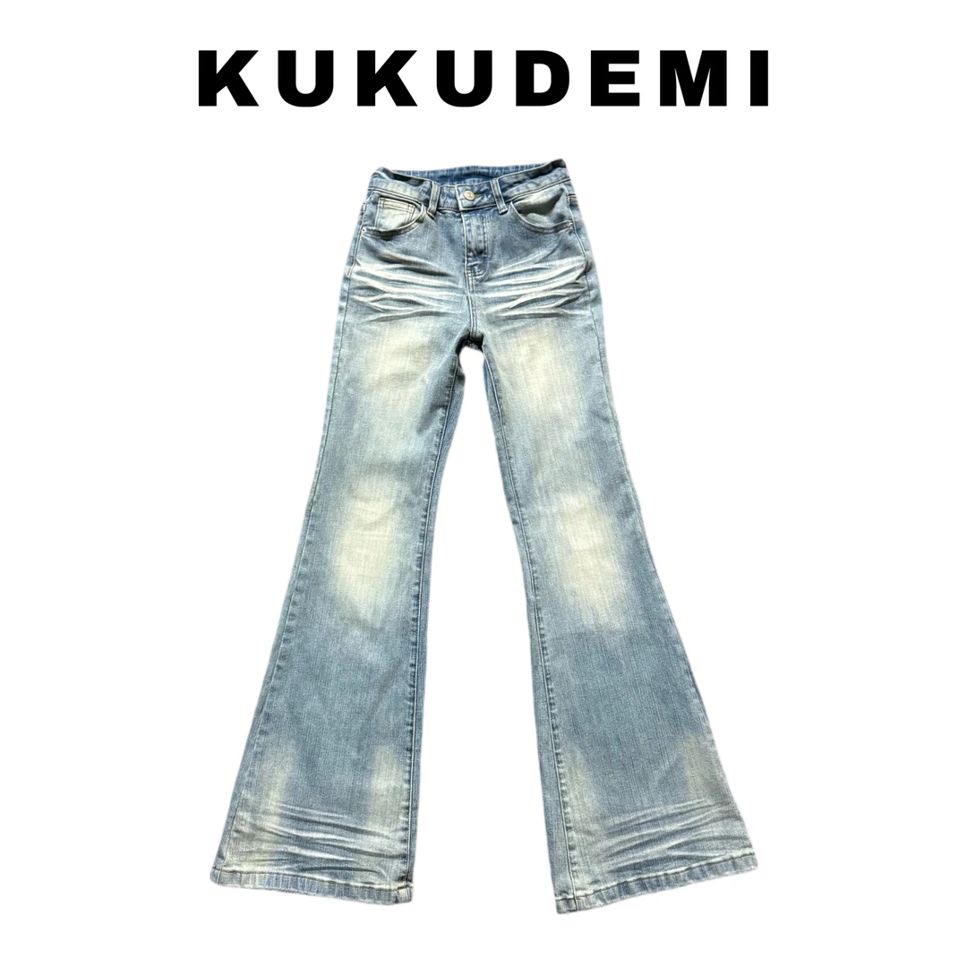 KUKUDEMI「蓝天」新款美式复古磨白折痕高腰设计款修身微喇牛仔裤女