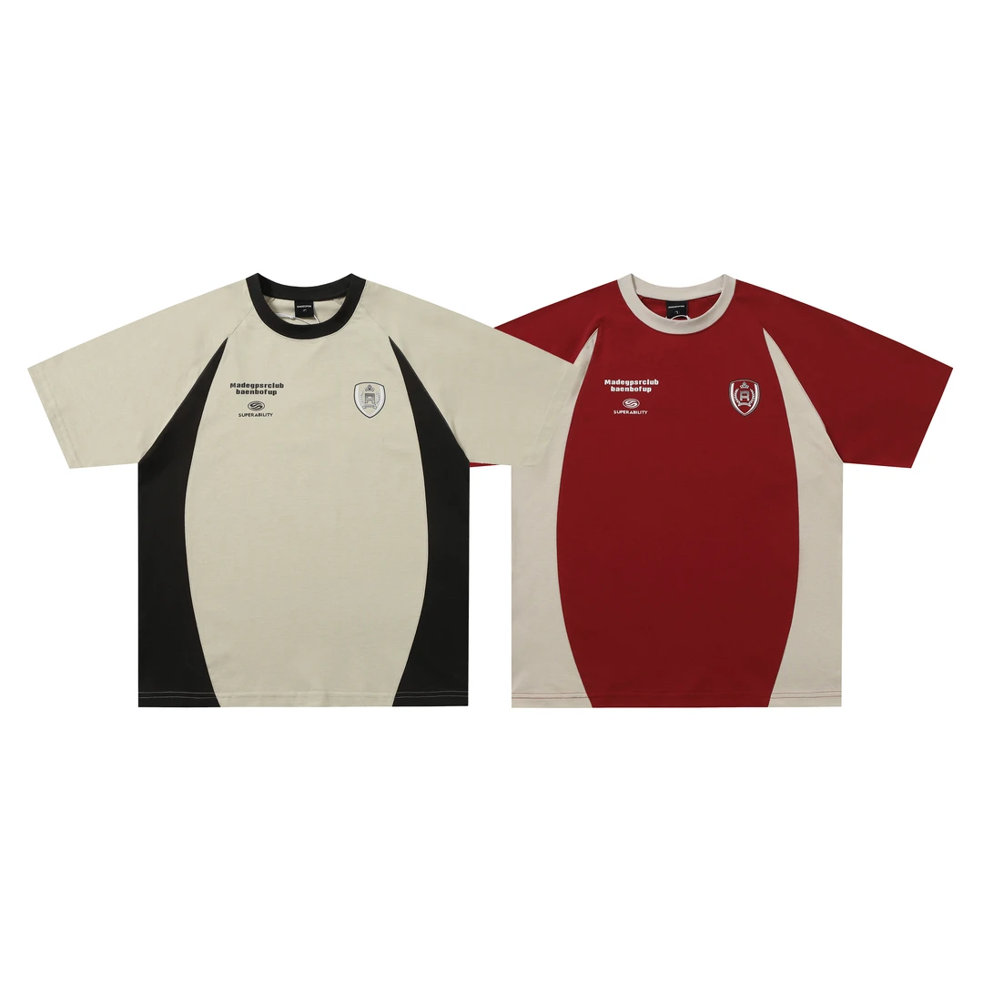 2025夏季新款撞色纯棉圆领oversize美式球服印花男女情侣短袖T恤