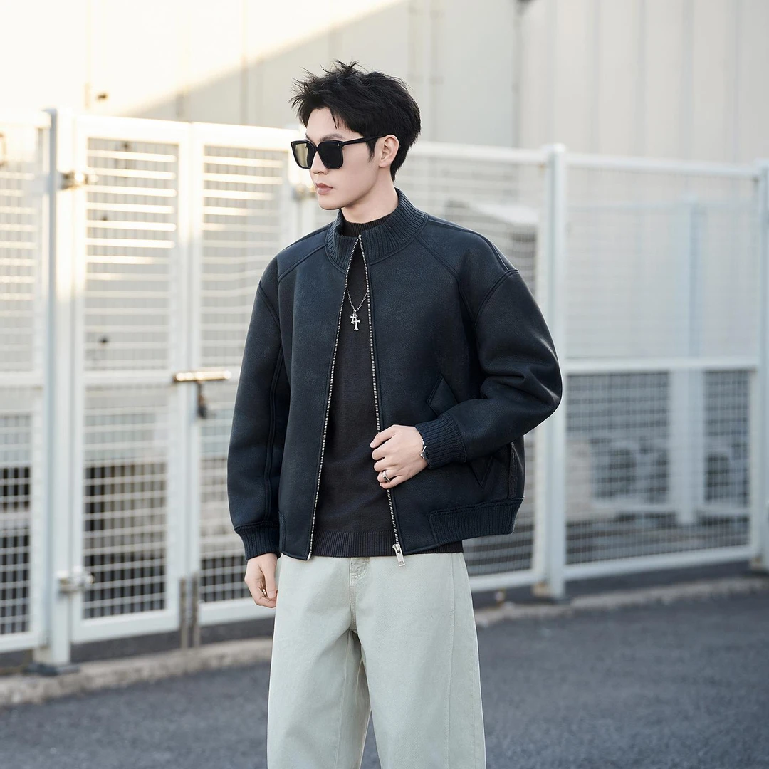 轻奢痞帅男装加绒加厚皮毛一体外套男款2025年新款百搭时尚皮夹克