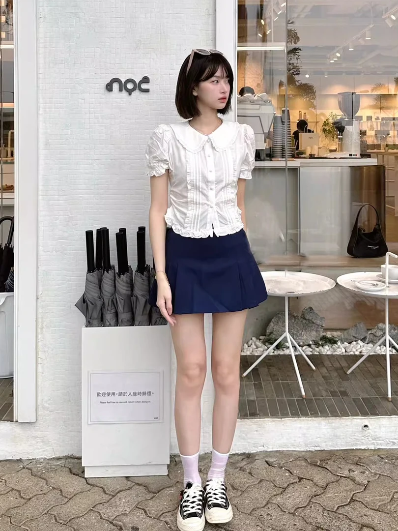 木耳边娃娃领衬衫学院风甜美减龄白色衬衣泡泡袖上衣半身裙套装夏